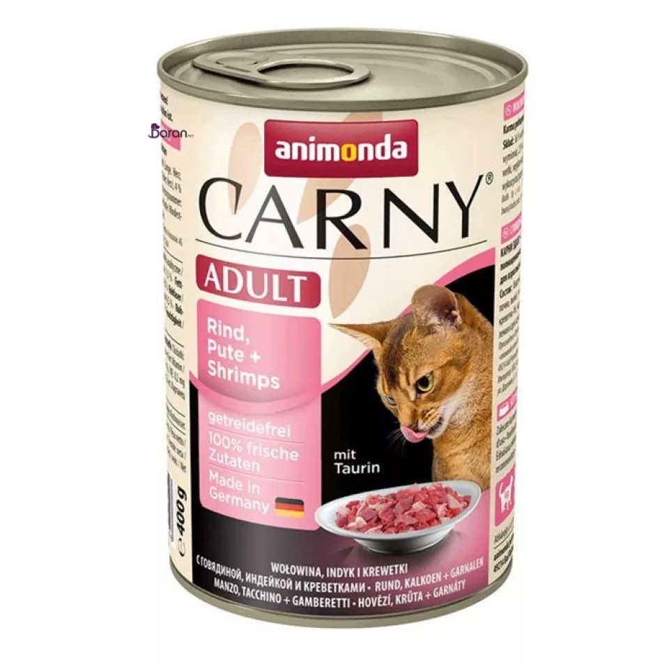 کنسرو گربه کارنی حاوی گوشت گاو، بوقلمون و ميگو (400 گرم)